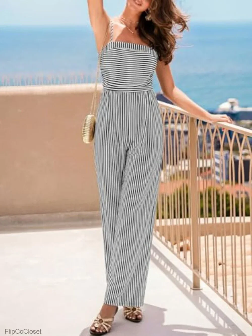 Sleeveless Striped Jumpsuit with Straight Leg - 90% Rayon-Viscose